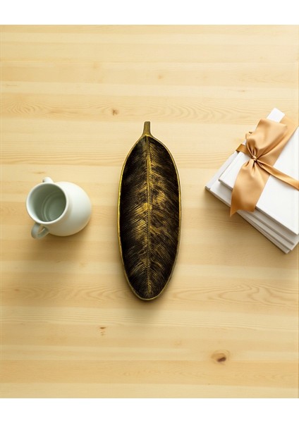 Uzun Yaprak Formlu Siyah Gold Yaldızlı Dekoratif Tabak – 24X8,5 cm