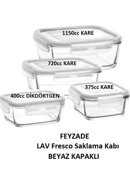 Feyzade Fresco Kilitli Cam Saklama Kabı Seti Beyaz Kapak 4 Adet (1150CC-720CC-400CC-375CC)