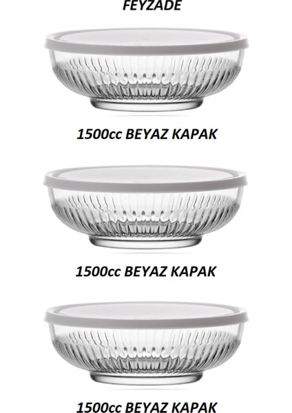 Feyzade Tokyo Saklama Kabı Seti 3'lü (1500CC x 3 Adet) Beyaz Kapaklı