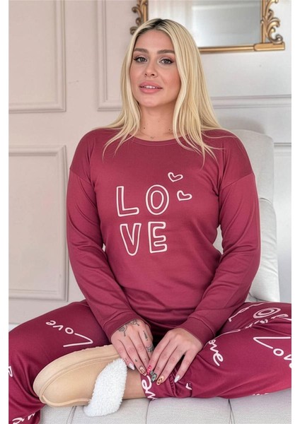 Kırmızı Love Desenli Termal Kadın Pijama Takımı