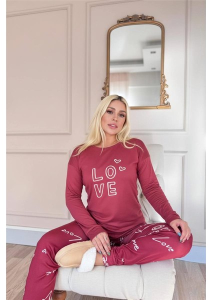 Kırmızı Love Desenli Termal Kadın Pijama Takımı fiyatları