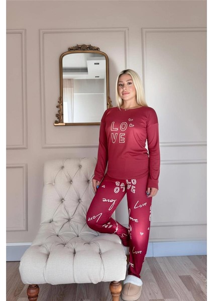 Kırmızı Love Desenli Termal Kadın Pijama Takımı fırsatları