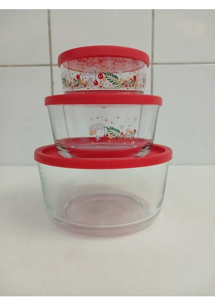 Feyzade Round Saklama Kabı 3'lü Set (1490CC-800CC-380CC) Çiçek Desenli Kırmızı Kapaklı