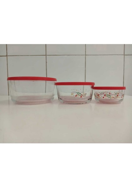 Feyzade Round Saklama Kabı 3'lü Set (1490CC-800CC-380CC) Çiçek Desenli Kırmızı Kapaklı modelleri