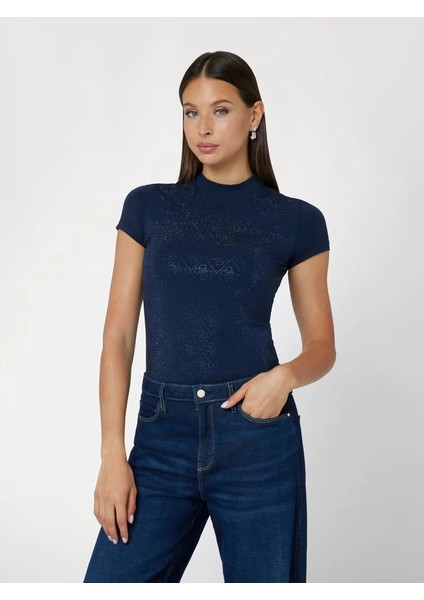 Mock Kadın Mavi Slim Fit T-Shirt W4BI26J1314-G77G fiyatları