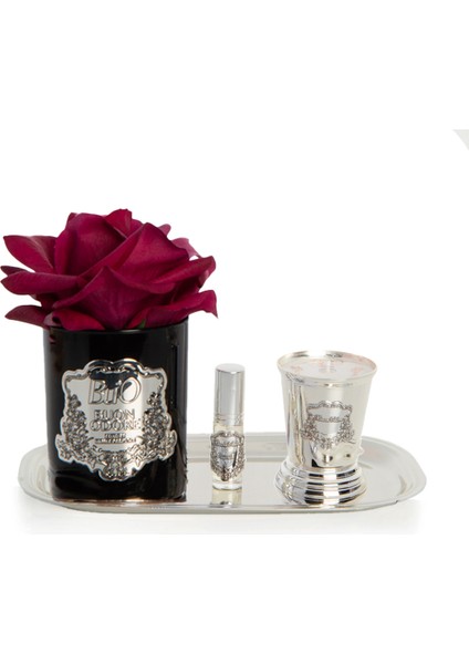 Siyah Cam Silver Pirinç Mum ve Gül Set Bordo