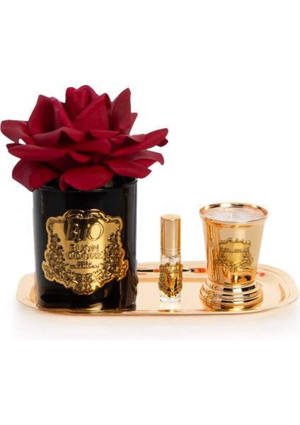 Siyah Cam Gold Pirinç Mum ve Gül Set Kırmızı