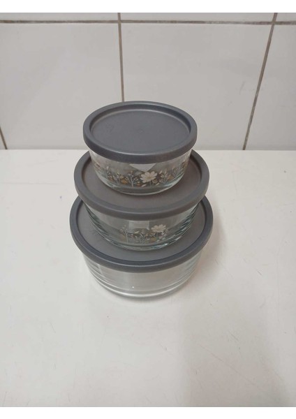 Feyzade Round Saklama Kabı (1490CC-800CC-380CC ) Antrasit Kapaklı Çiçek Desenli (LV-RND-217-214-211)