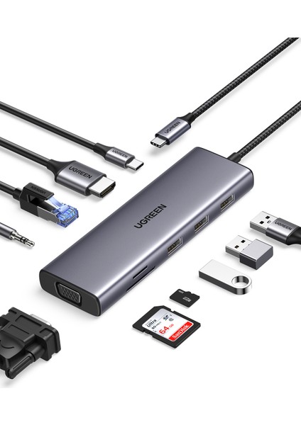 Type-C To 3*usb 3.0 4K/30Hz HDMI VGA Gigabit Ethernet Aux Sd Tf Kart Okuyucu Çoklayıcı Hub Adaptör