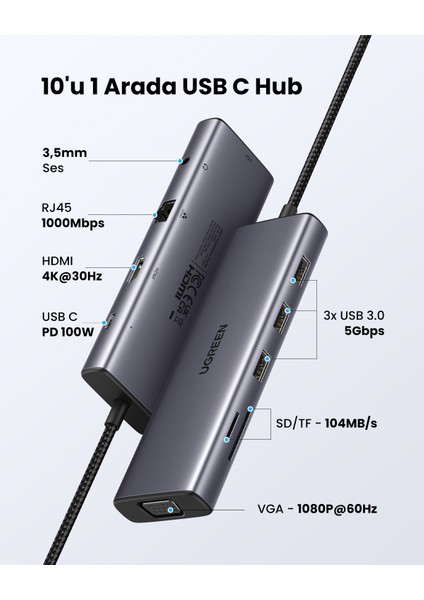 Type-C To 3*usb 3.0 4K/30Hz HDMI VGA Gigabit Ethernet Aux Sd Tf Kart Okuyucu Çoklayıcı Hub Adaptör