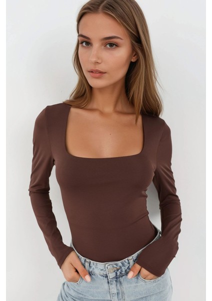 Kadın Slim Fit Kare Yaka Esnek Üst Koyu Mocha Kahve