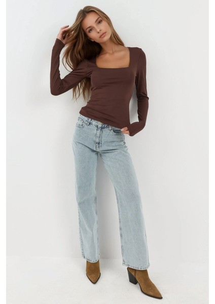 Kadın Slim Fit Kare Yaka Esnek Üst Koyu Mocha Kahve fiyatları