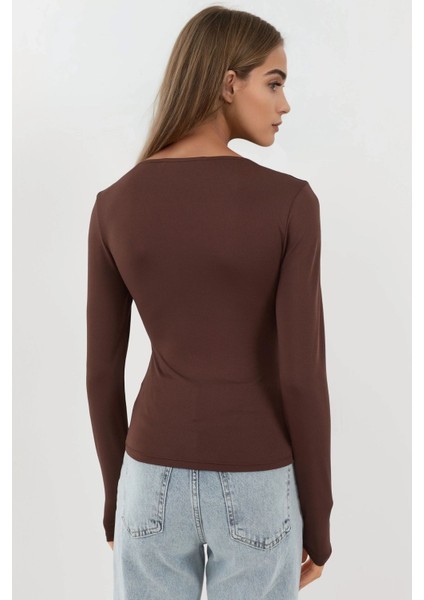 Kadın Slim Fit Kare Yaka Esnek Üst Koyu Mocha Kahve modelleri