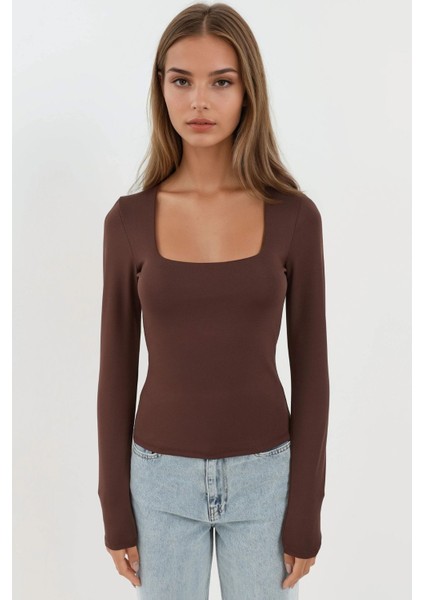 Kadın Slim Fit Kare Yaka Esnek Üst Koyu Mocha Kahve
