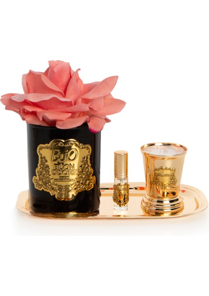 Siyah Cam Gold Mercan Set Tepsili Tepsi Set Tek Gül