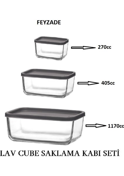 Feyzade Cube Saklama Kabı Seti 1170CC-405CC-270CC CUB-238/235/225 (3 Renk)