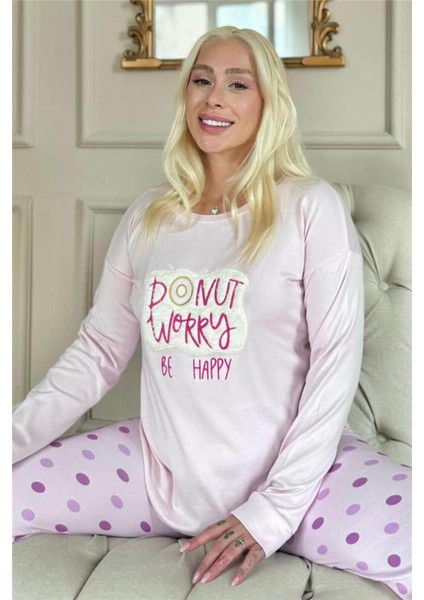 Toz Pembe Donut Worry Desenli Termal Kadın Pijama Takımı