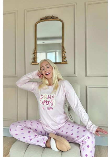 Toz Pembe Donut Worry Desenli Termal Kadın Pijama Takımı fırsatları