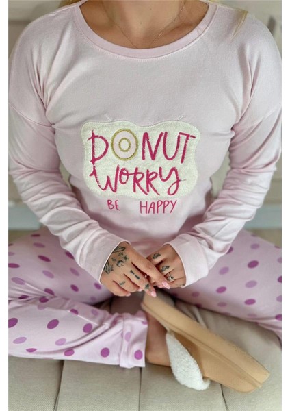 Toz Pembe Donut Worry Desenli Termal Kadın Pijama Takımı indirimleri