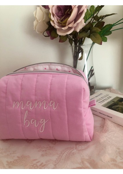 Şık Kapitoneli Nakışlı Makyaj ve Kozmetik Çantası, Pembe, Anneler Günü Hediye