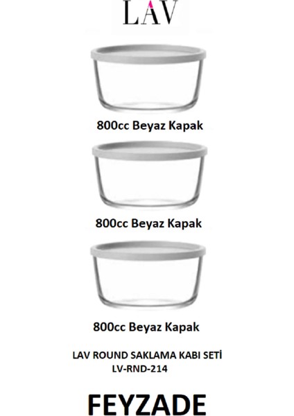 Feyzade Round Saklama Kabı Seti 3 Adet 800CC Beyaz Kapaklı (RND-214)