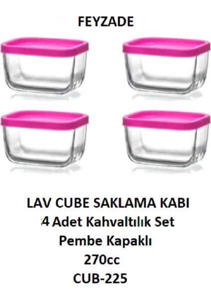 Feyzade Cube Saklama Kabı Seti 4 Adet 270CC Pembe Kapaklı (CUB-225)