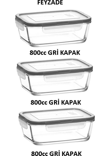 Feyzade Fresco Saklama Kabı Seti 3 Adet 800CC FRS-239 Gri Kapaklı
