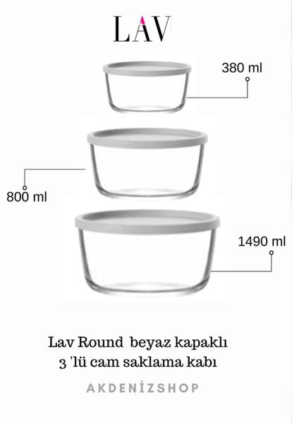 Round Saklama Kabı Seti (1490CC - 800CC - 380CC) Beyaz Kapaklı