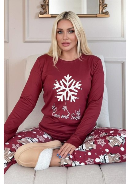 Bordo Kartanesi Desenli Termal Kadın Pijama Takımı