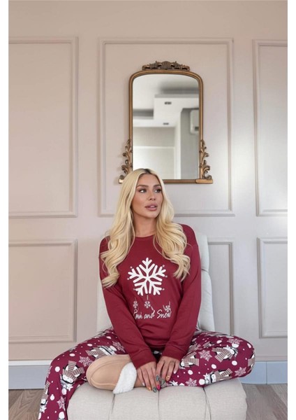 Bordo Kartanesi Desenli Termal Kadın Pijama Takımı modelleri