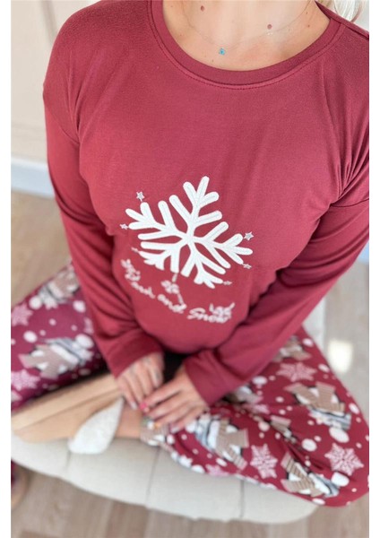 Bordo Kartanesi Desenli Termal Kadın Pijama Takımı fırsatları