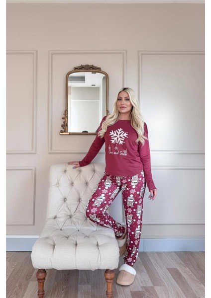Bordo Kartanesi Desenli Termal Kadın Pijama Takımı indirimleri