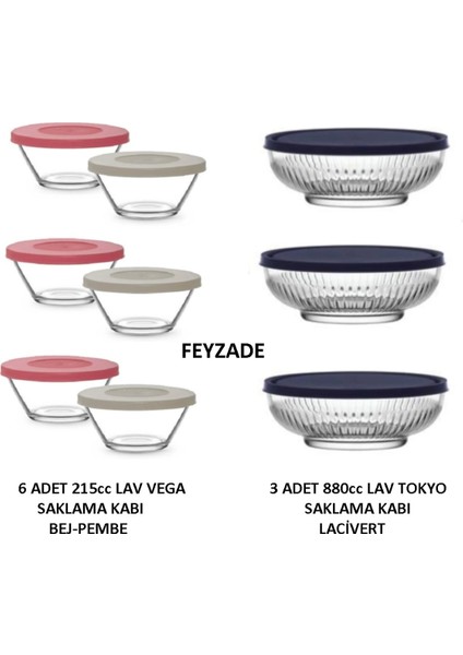 Feyzade Vega Saklama Kabı 6 Adet 215CC Bej-Pembe - Tokyo Saklama Kabı 3 Adet 880CC Lacivert