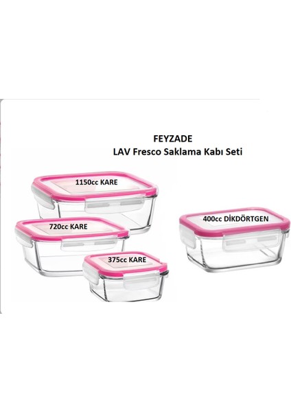 Feyzade Fresco Kilitli Cam Saklama Kabı Seti Pembe Kapak 4 Adet (1150CC-720CC-400CC-375CC)