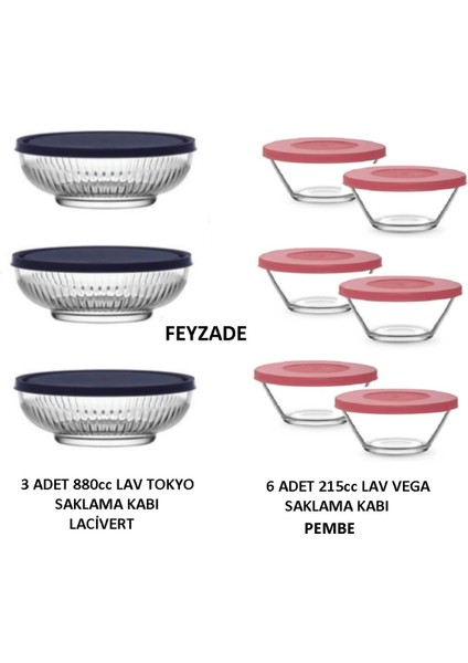 Feyzade Vega Saklama Kabı 6 Adet 215CC Bej-Pembe - Tokyo Saklama Kabı 3 Adet 880CC Lacivert
