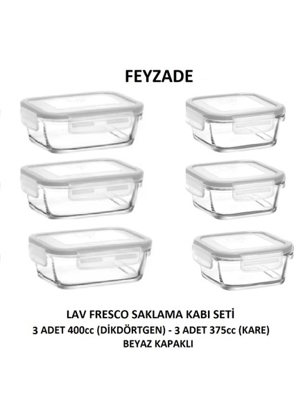 Feyzade Fresco Saklama Kabı Seti 3 Adet 400CC (Dikdörtgen) ve 3 Adet 375CC (Kare)
