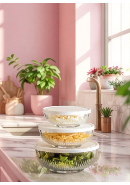 Feyzade Tokyo Saklama Kabı Seti 3'lü (2600CC-1500CC-880CC) Beyaz Kapaklı