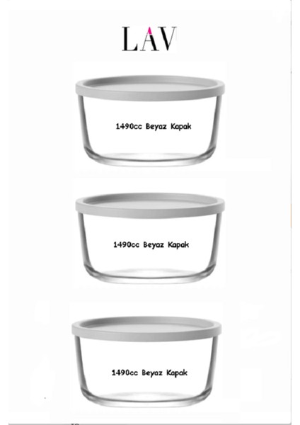Feyzade Round Saklama Kabı (1490 cc x 3 Adet) Beyaz Kapaklı (LV-RND-217)
