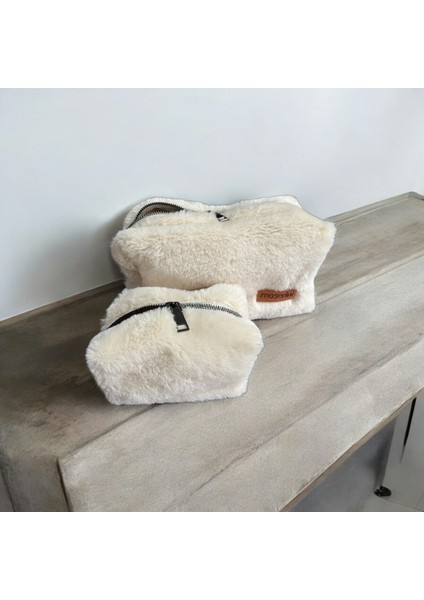 Yumuşak Peluş Makyaj ve Seyahat Çantası, 2'li Set Bej