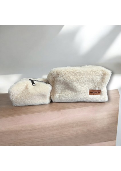 Yumuşak Peluş Makyaj ve Seyahat Çantası, 2'li Set Bej fiyatları