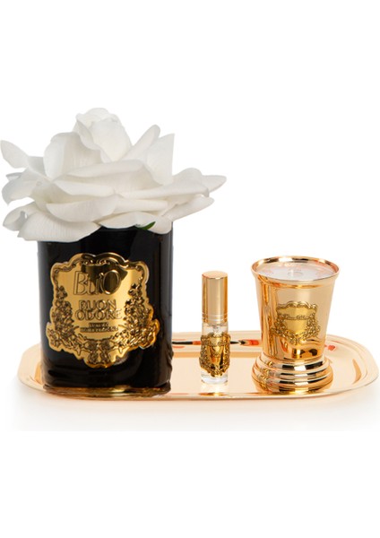 Siyah Cam Gold Pirinç Mum ve Gül Set Krem
