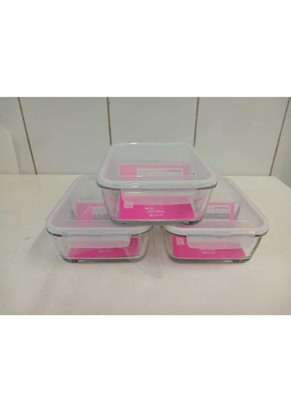 Feyzade Fresco Cam Kilitli Dikdörtgen Saklama Kabı 3'lü Set 1700CC Beyaz Kapaklı FRS-299