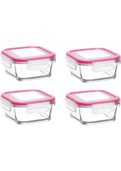 Feyzade Fresco Cam Kilitli Saklama Kabı 4'lü Set FRS227 Pembe 375CC Kare