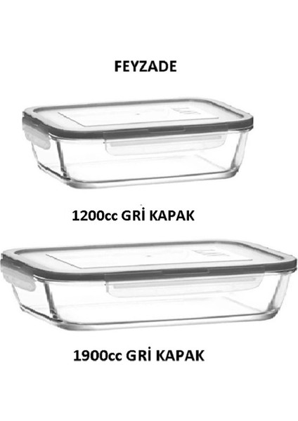 Feyzade Fresco Saklama Kabı Seti 1 Adet 1900CC- 1 Adet 1200CC Gri Kapaklı