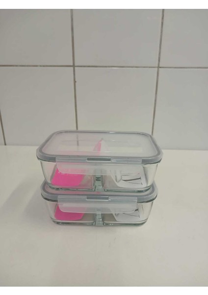 Feyzade Fresco Iki Bölümlü Kilitli Cam Saklama Kabı 2’li Set 1120CC Dikdörtgen (FRS-297)