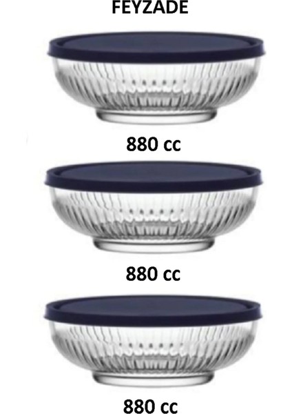 Feyzade Tokyo Saklama Kabı Seti 3'lü (880CC x 3 Adet) Lacivert Kapaklı