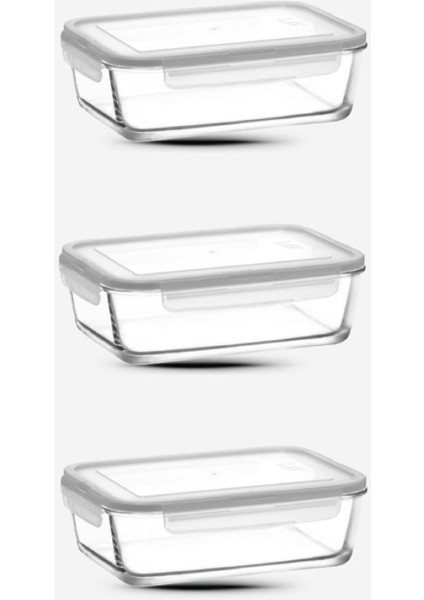Cam Kilitli Saklama Kabı 3'lü Set 1900CC-YENI Seri Büyük Dikdörtgen Cam Saklama Kabı