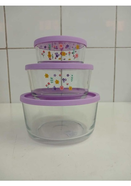 Feyzade Round Saklama Kabı Seti (1490CC-800CC-380CC) 3'lü Set Lila Kapak