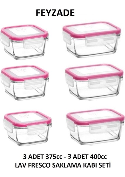 Feyzade Fresco Saklama Kabı Seti 3 Adet 400CC (Dikdörtgen) ve 3 Adet 375CC (Kare)