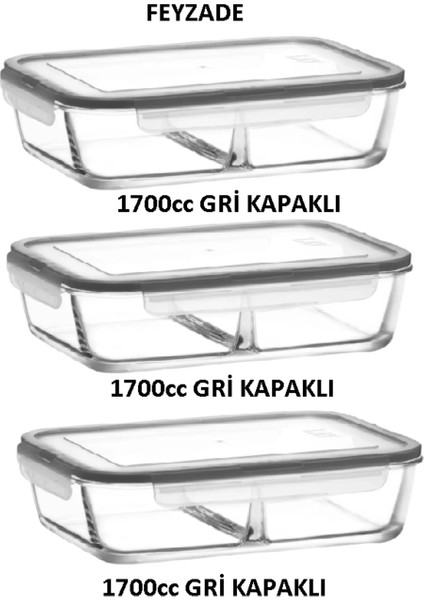 Fresco Cam Kilitli Iki Bölmeli Dikdörtgen Saklama Kabı 3'lü Set 1700CC Gri Kapaklı FRS-299
